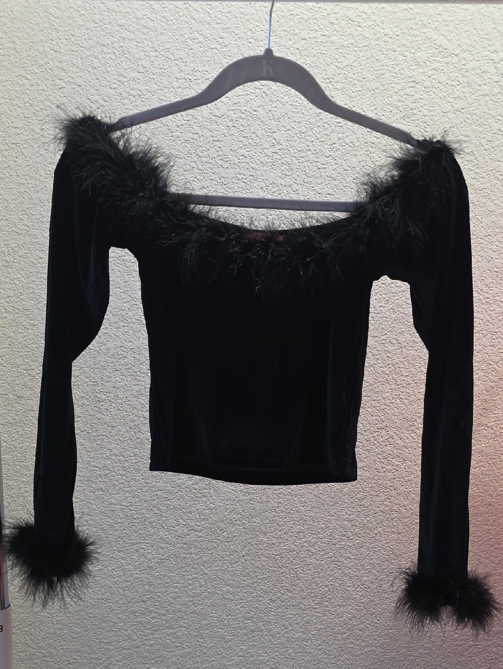 Black Velvet Off-Shoulder Feather Trim Long-Sleeve Top